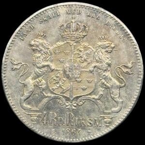 Sverige, 4 Riksdaler Riksmynt 1864, Carl XV, Sieg 10, SM 17, Dav. 356, KM 711, Kva. 01 smukt tonet eksemplar