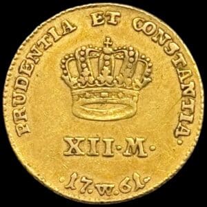 1761 W, 12 mark / Kurant dukat, Fre.V, Sieg 21.4, Hede 22D, Kva. 1+ rids.