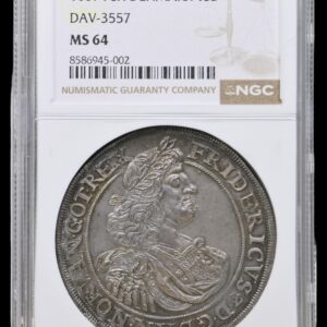 1667, 1 speciedaler, Fre.III, Sieg 86.2, Hede 68B, Bruun 6578, Dav. 3557, Aagaard 107.3, Kva. 0, Graderet MS 64 af NGC "TOP POP" Ex. Arne Andreasen BR 868/26 2016, Ex. Adler Pedersen KH 1996, 266. Sublimt kabinetseksemplar af Frederik Caspar Herbachs smukke og sjældne barokspecie