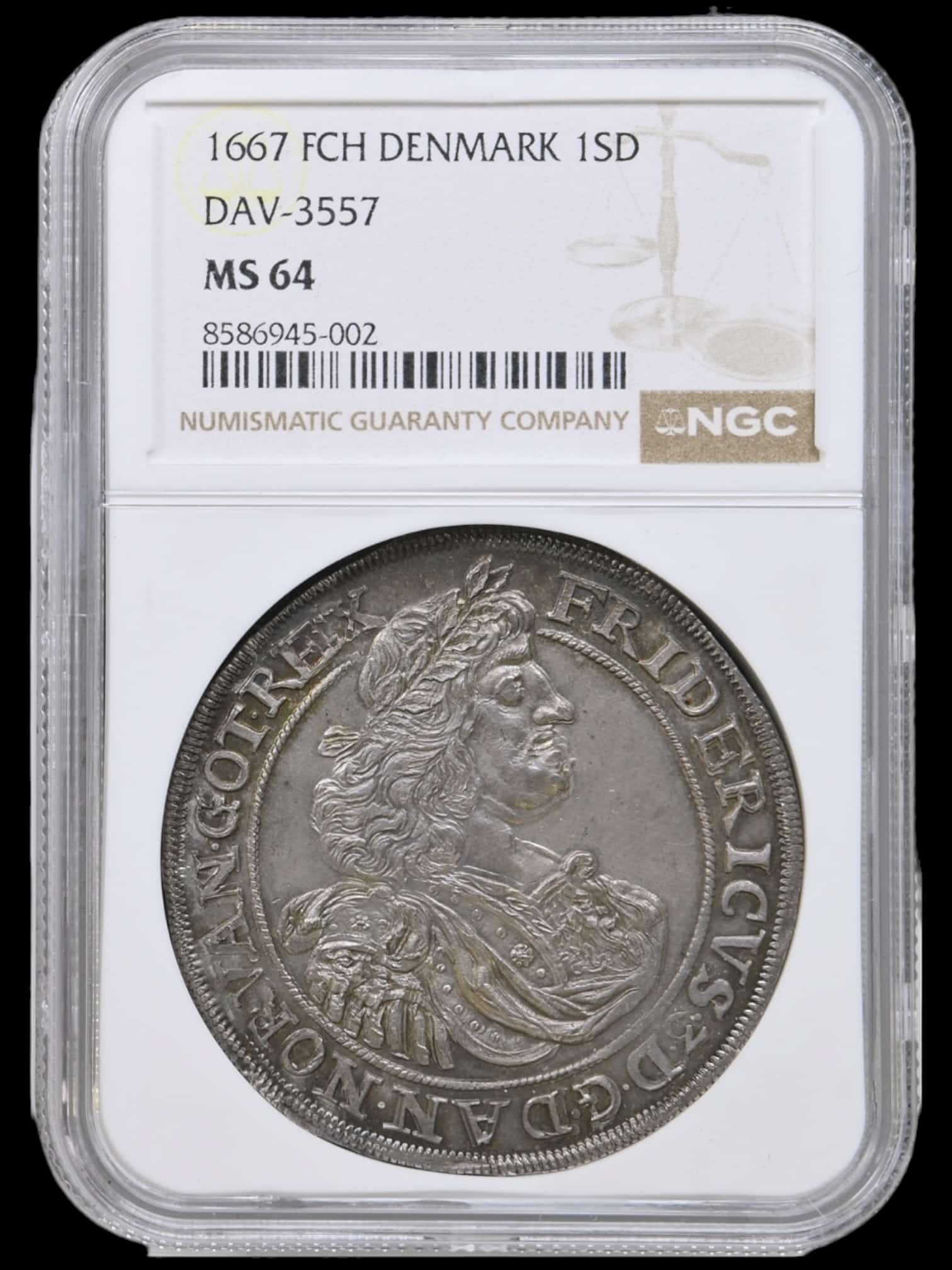1667, 1 speciedaler, Fre.III, Sieg 86.2, Hede 68B, Bruun 6578, Dav. 3557, Aagaard 107.3, Kva. 0, Graderet MS 64 af NGC "TOP POP" Ex. Arne Andreasen BR 868/26 2016, Ex. Adler Pedersen KH 1996, 266. Sublimt kabinetseksemplar af Frederik Caspar Herbachs smukke og sjældne barokspecie