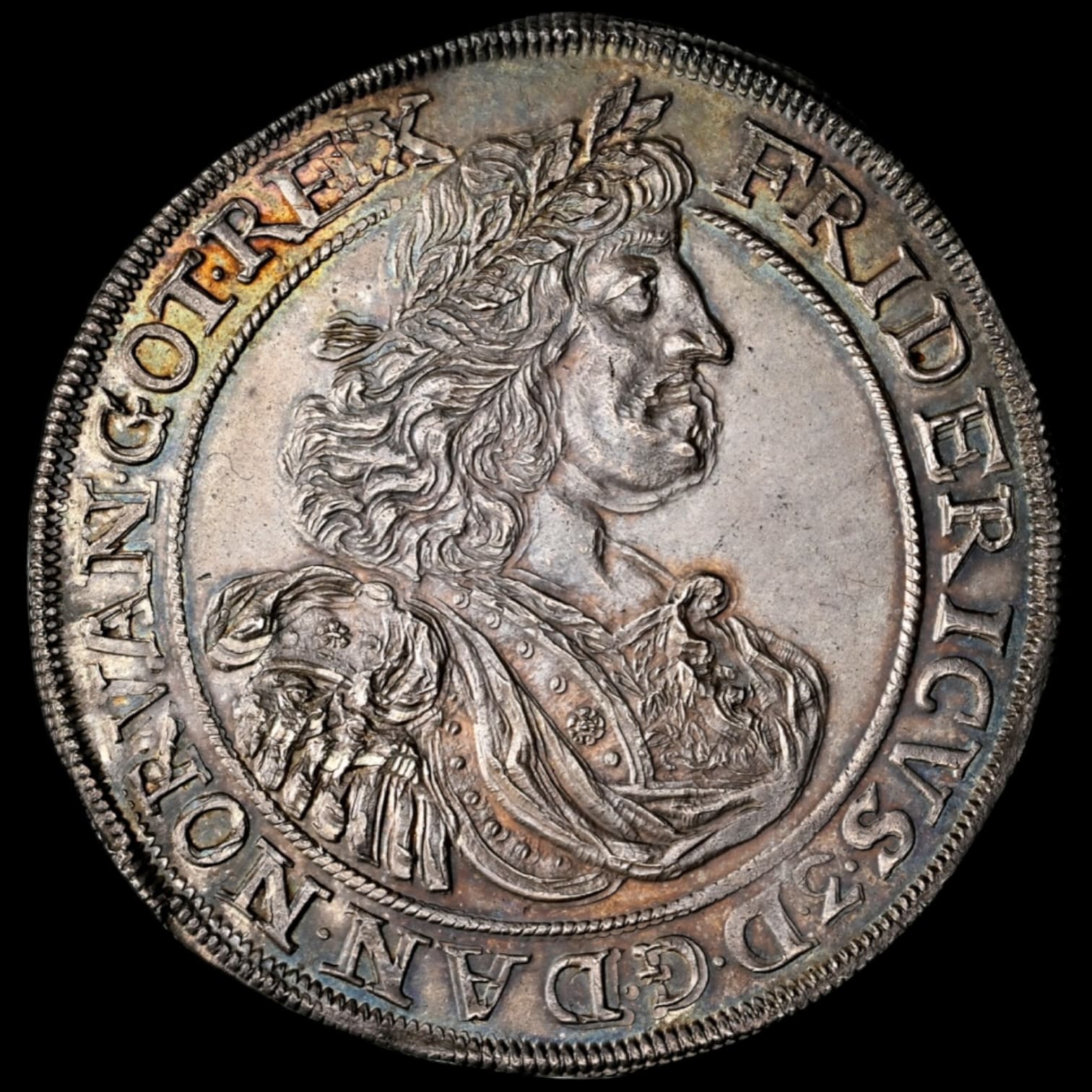 1667, 1 speciedaler, Fre.III, Sieg 86.2, Hede 68B, Bruun 6578, Dav. 3557, Aagaard 107.3, Kva. 0, Graderet MS 64 af NGC "TOP POP" Ex. Arne Andreasen BR 868/26 2016, Ex. Adler Pedersen KH 1996, 266. Sublimt kabinetseksemplar af Frederik Caspar Herbachs smukke og sjældne barokspecie - Image 3
