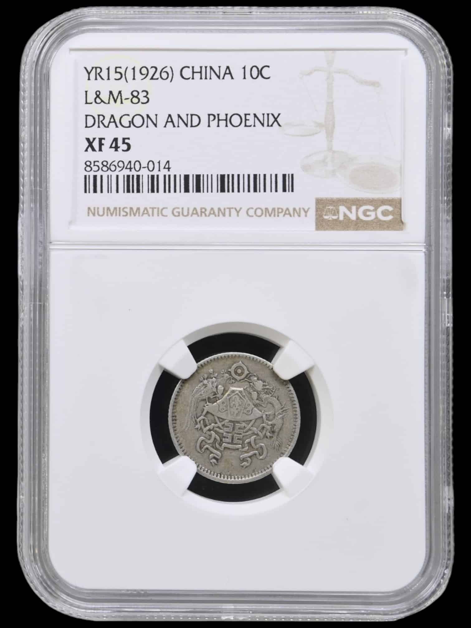 Kina, 1 Jiao / 10 cents Year 15 "1926", “Twelve Symbols national emblem”, Y 334, L&M 83, Graderet XF 45 af NGC