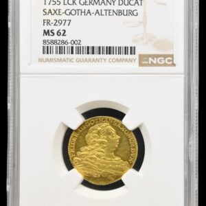 Tyskland, dukat 1755, Friedrich lll, Sachsen-Gotha-Altenburg, Fb. 2977, Slg. Merseb. 3235, Slg. Whiting 510, Steguweit 275, Kva. 0-01 “Medaljeprægskarakter”, Graderet MS 62 af NGC "TOP POP"