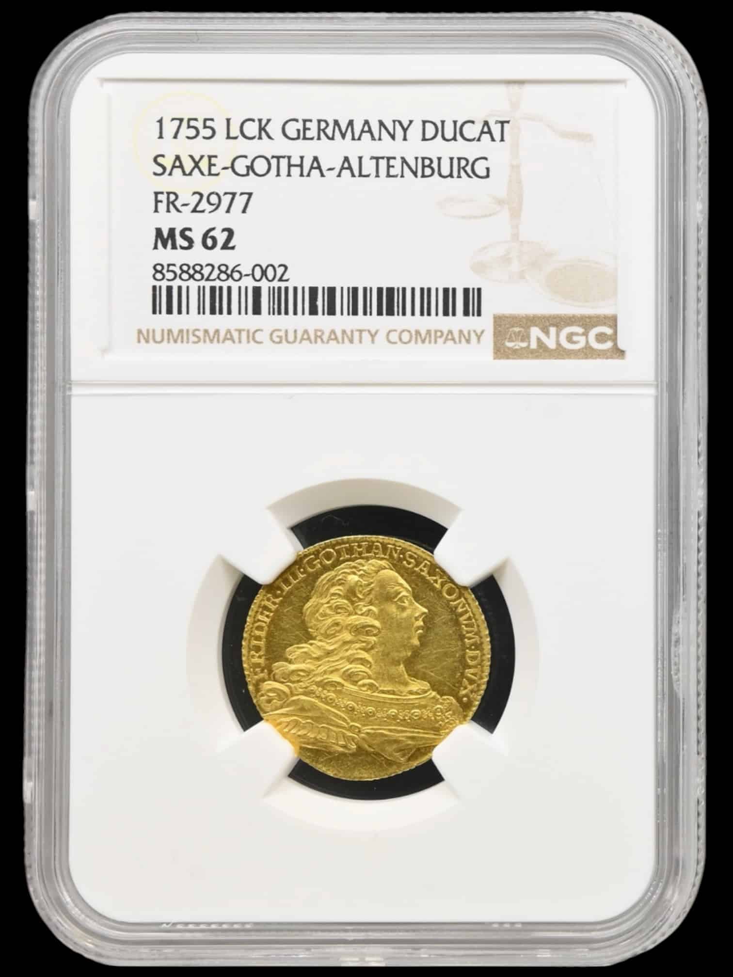 Tyskland, dukat 1755, Friedrich lll, Sachsen-Gotha-Altenburg, Fb. 2977, Slg. Merseb. 3235, Slg. Whiting 510, Steguweit 275, Kva. 0-01 “Medaljeprægskarakter”, Graderet MS 62 af NGC "TOP POP"