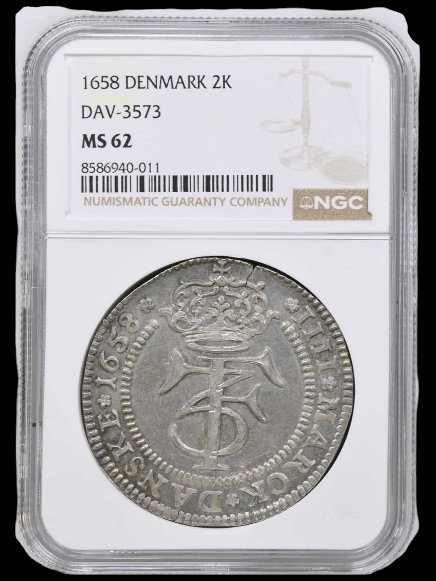 1658, Krone / 4 mark, Fre.III, Sieg 49.1, Hede 95A, Dav. 3547, Kva. 0-01, Graderet MS 62 af NGC, "Fejl graderet som en 2 krone" "TOP POP"