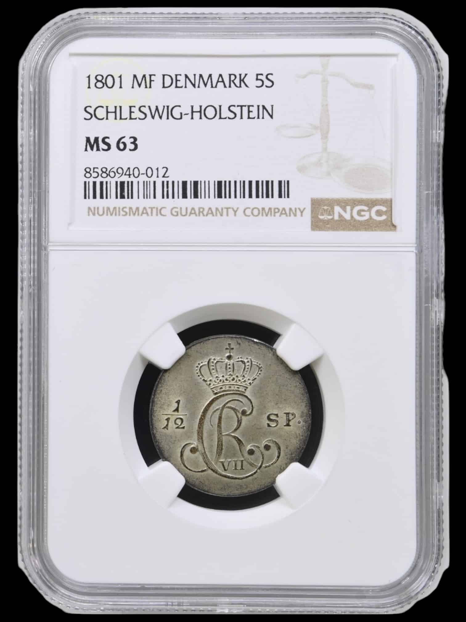 1801, 5 schilling / 1/12 speciedaler, Slesvig Holstein, Chr.VII, Sieg 41, Hede 43, Kva. 0-01 , “Sjælden” Graderet MS 63 af NGC "TOP POP"