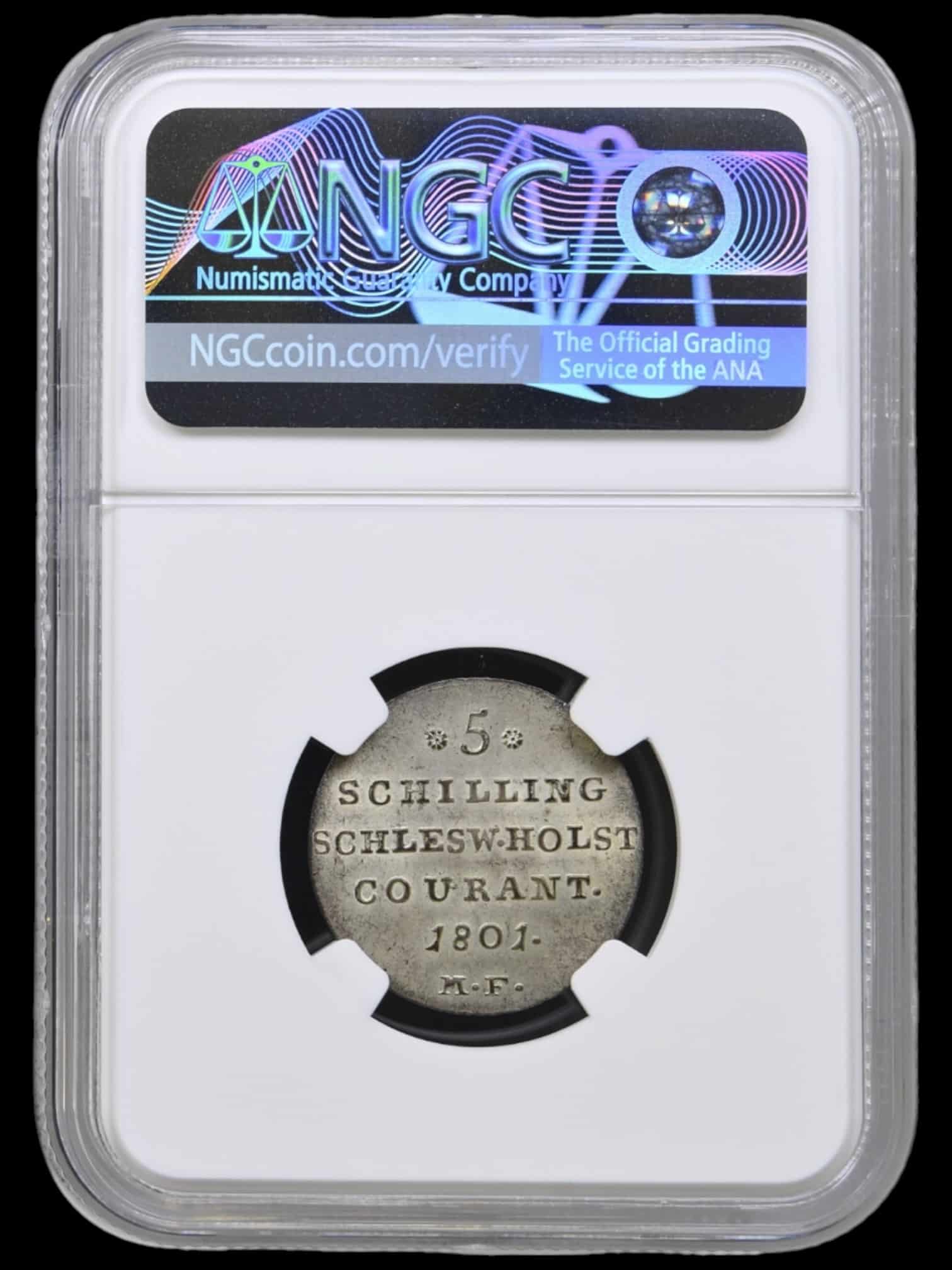 1801, 5 schilling / 1/12 speciedaler, Slesvig Holstein, Chr.VII, Sieg 41, Hede 43, Kva. 0-01 , “Sjælden” Graderet MS 63 af NGC "TOP POP" - Image 2