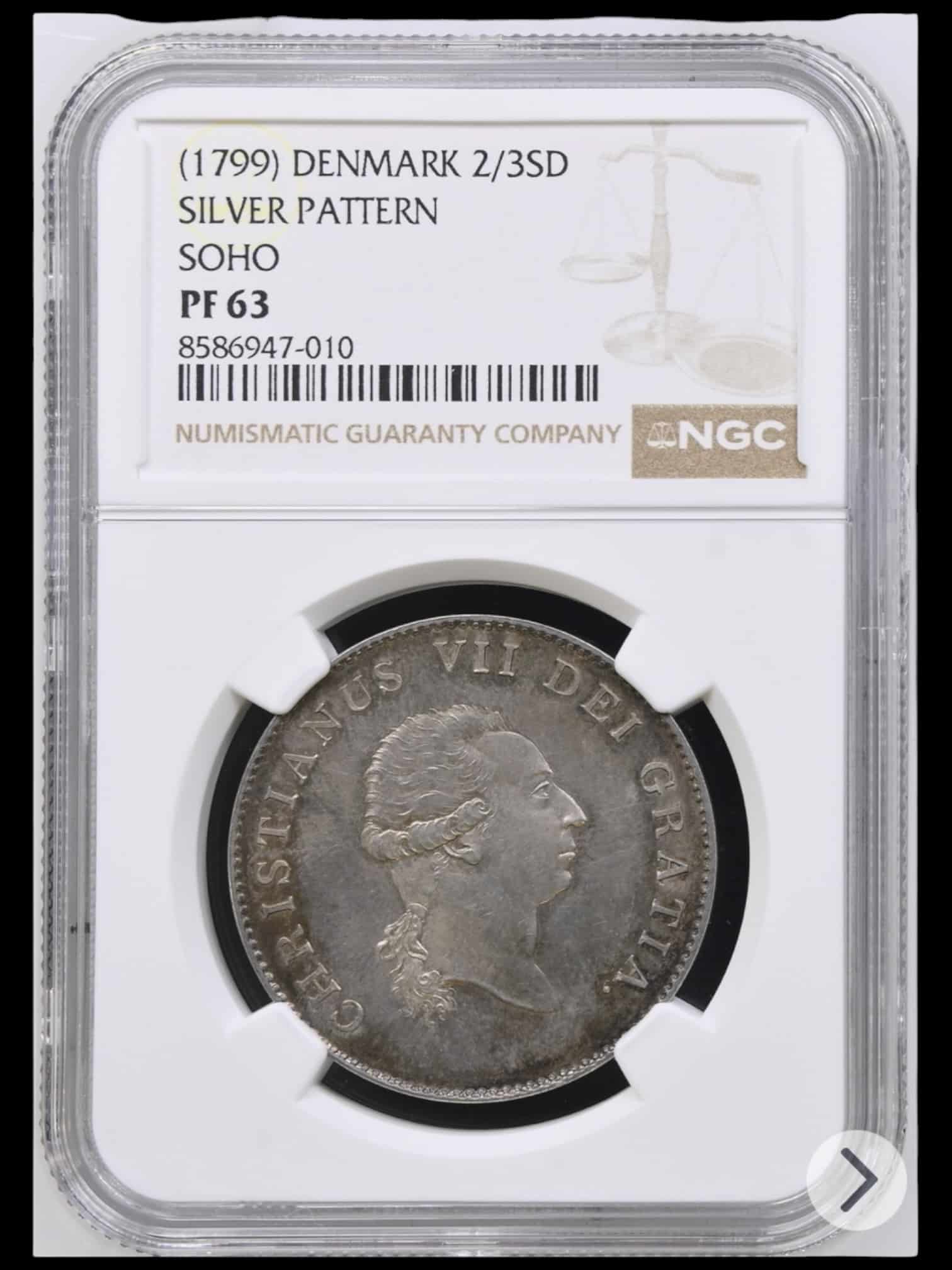 "1805", 2/3 speciedaler u.år, Chr.VII, Sølv Prøvemønt, Sieg 49, Hede 17, Bruun 7988, Kva. Proof, Graderet PF 63 af NGC, "TOP POP" Meget sjælden prøvemønt