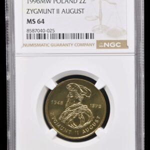 Polen, 2 zloty 1996, Zygmunt II August, "Nordic Gold", Parchimowicz 732, KM 306, Kva. 0, Graderet MS 64 af NGC