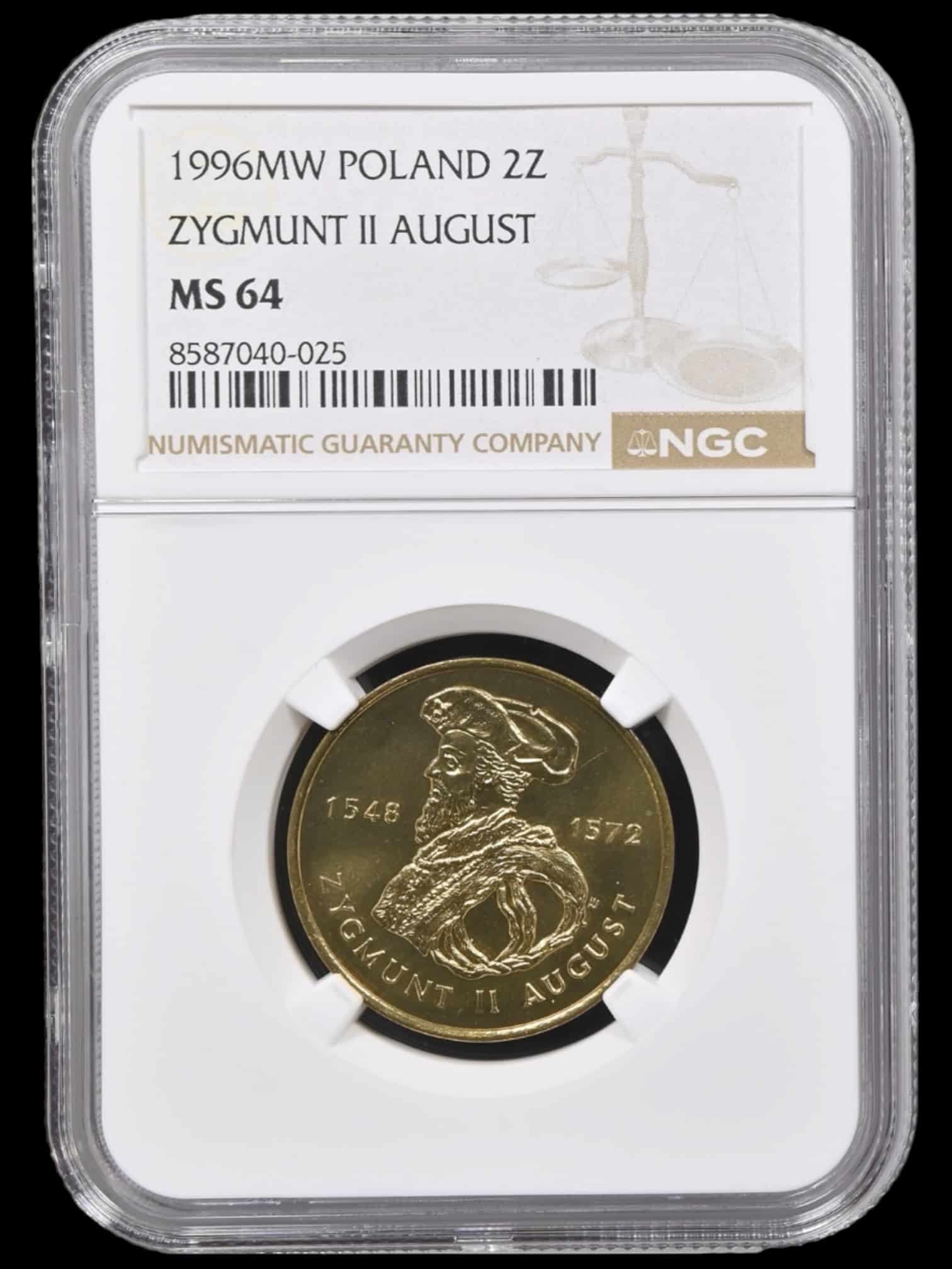 Polen, 2 zloty 1996, Zygmunt II August, "Nordic Gold", Parchimowicz 732, KM 306, Kva. 0, Graderet MS 64 af NGC