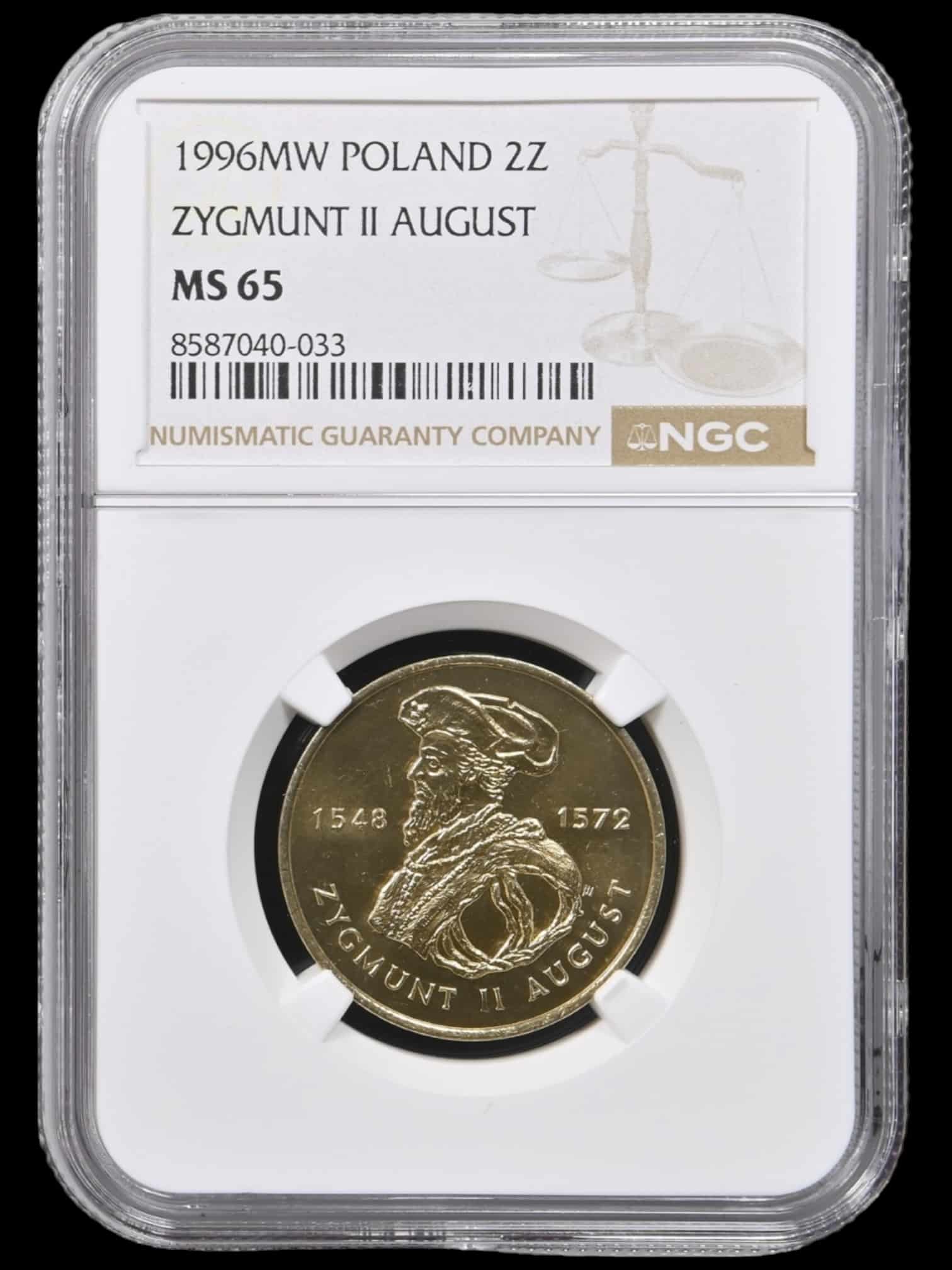 Polen, 2 zloty 1996, Zygmunt II August, "Nordic Gold", Parchimowicz 732, KM 306, Kva. 0, Graderet MS 65 af NGC