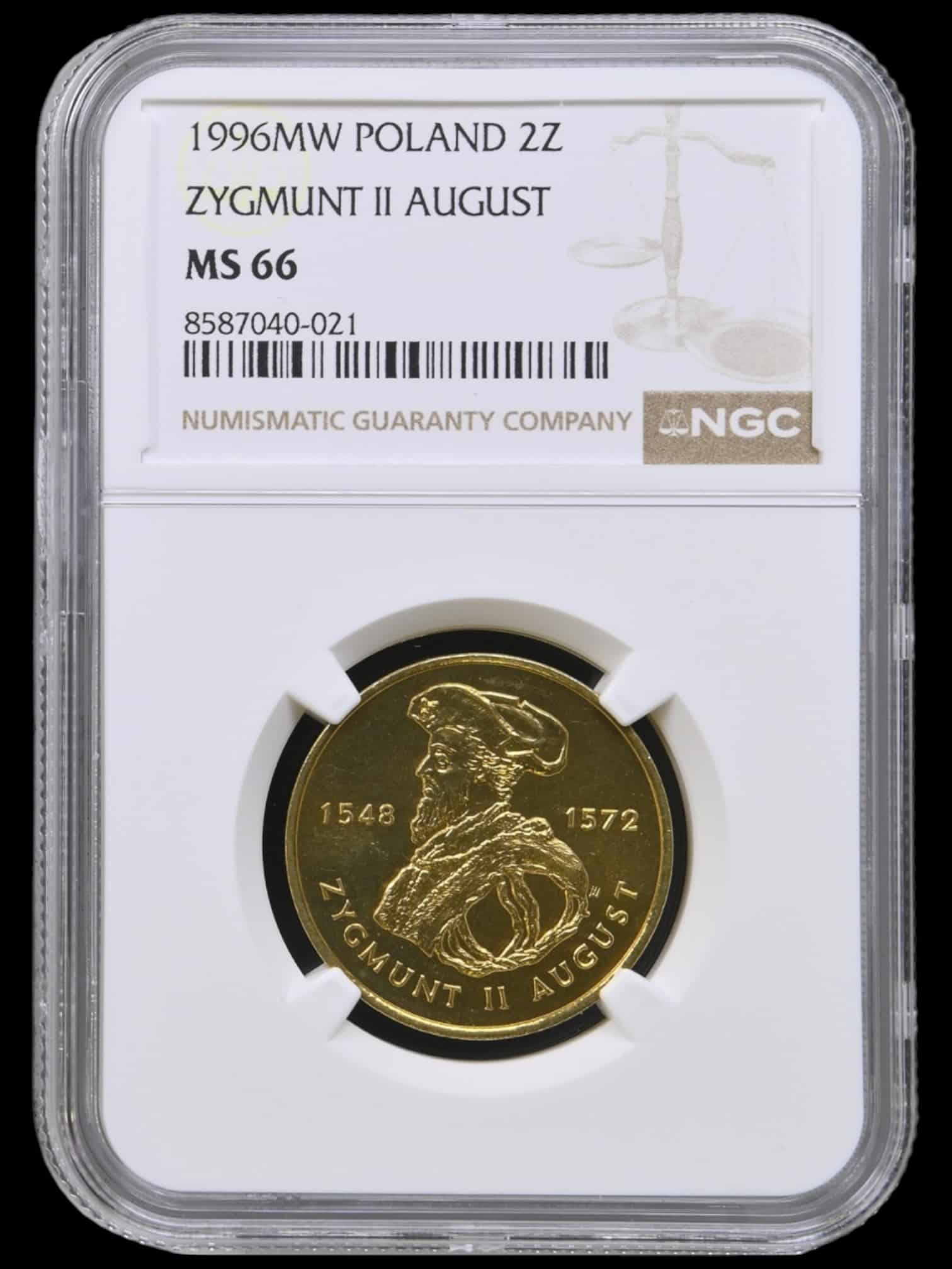Polen, 2 zloty 1996, Zygmunt II August, "Nordic Gold", Parchimowicz 732, KM 306, Kva. 0, Graderet MS 66 af NGC