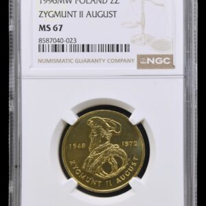 Polen, 2 zloty 1996, Zygmunt II August, "Nordic Gold", Parchimowicz 732, KM 306, Kva. 0, Graderet MS 67 af NGC