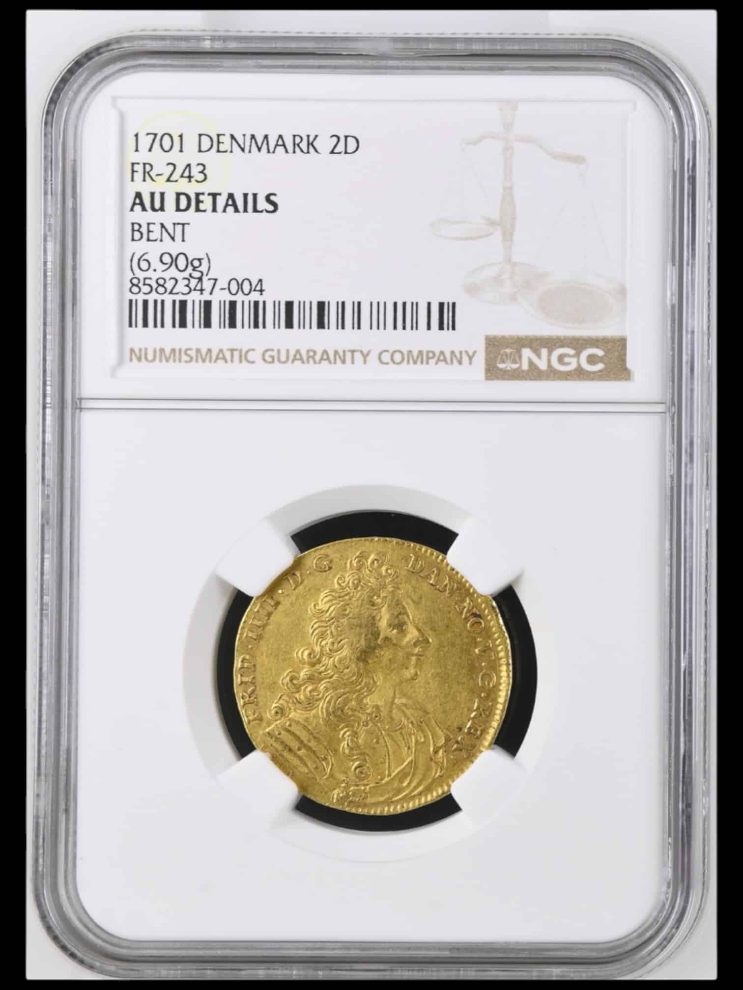 1701, 2 dukat, Fre.VI, Sieg 50, Hede 10, Schou 2, Bruun 7308, Kva. 1+, Graderet AU Details Bent af NGC, "Meget Sjælden"