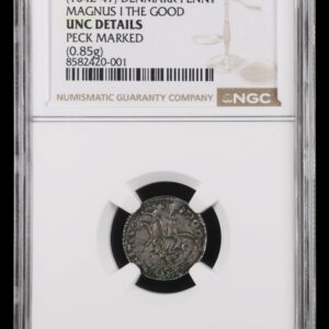 Magnus d. Gode, 1042–1047, Lund, penning, 0,85 g, Hbg 15, Hbg samling 691, C. J. Becker 173, cf. 232, Kva. 1+, Graderet UNC Details Peck Marked af NGC, plant og velpræget eksemplar af denne ikonografisk interessante type med Guds lam, Ex. Lerche BR 572 lot 41 1992.
