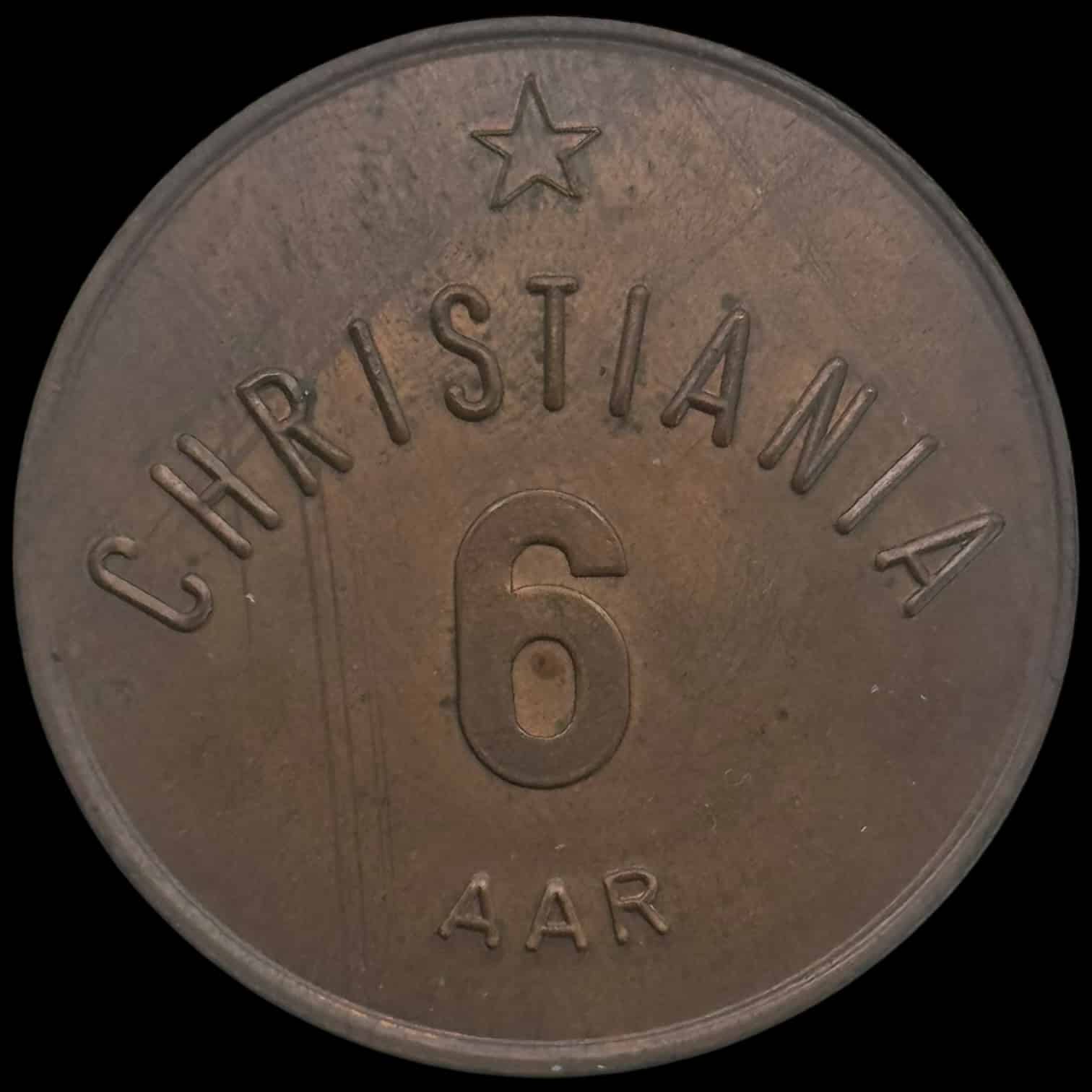Christiania, 6 års jubilæums medalje 1977 uden flag, Kobber, Sieg 1.1, Kva. 0-01