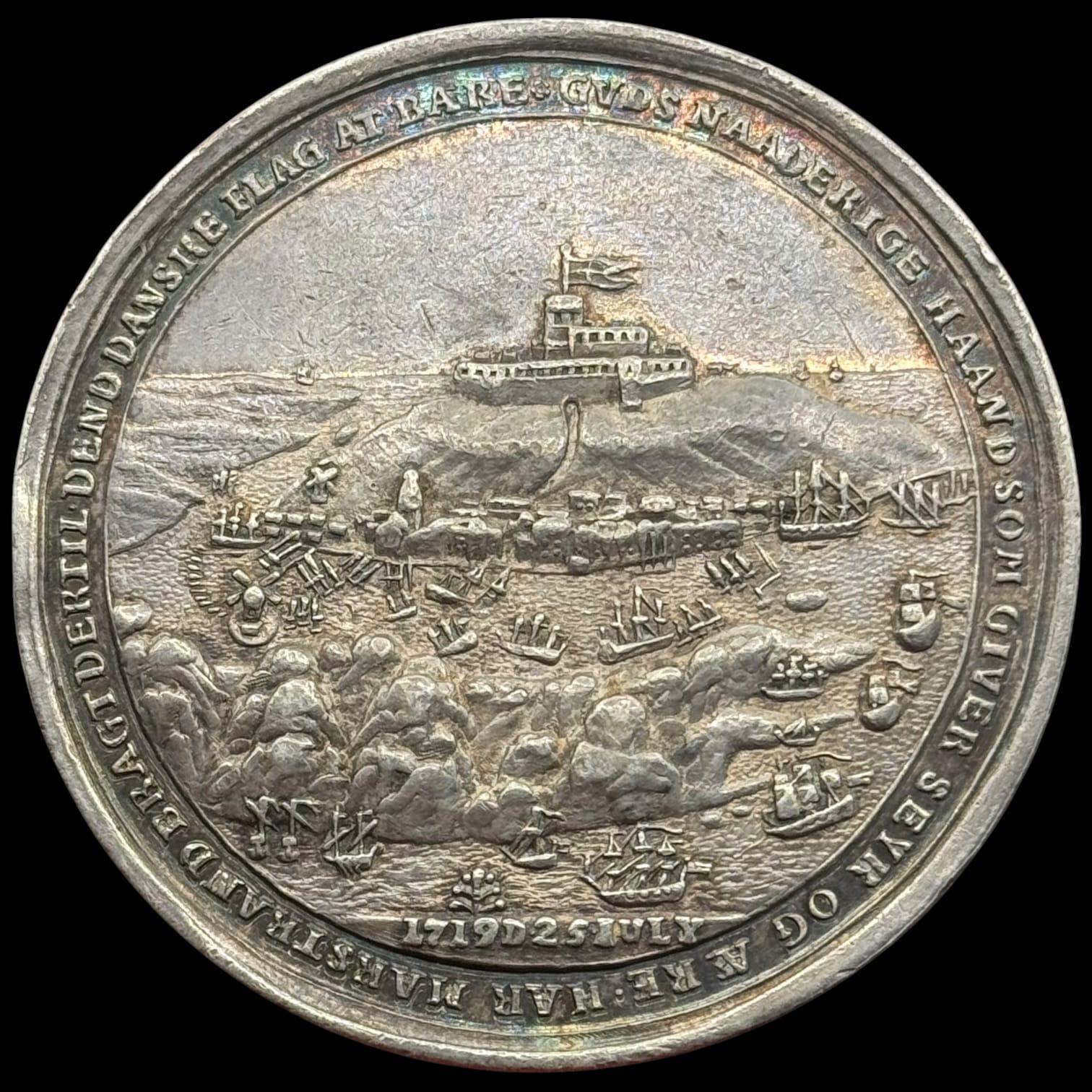 Sølvmedalje, Erobringen af Marstrand 1719, Wineke, Sølv 50 mm. 55,29 g. Små kantskader. Galster 279, Ex. Zinck "BR 894, 12.5.20, nr. 489", ediktet medfølger, Kva. 1+-01, Ex. NF, 6/9 1933