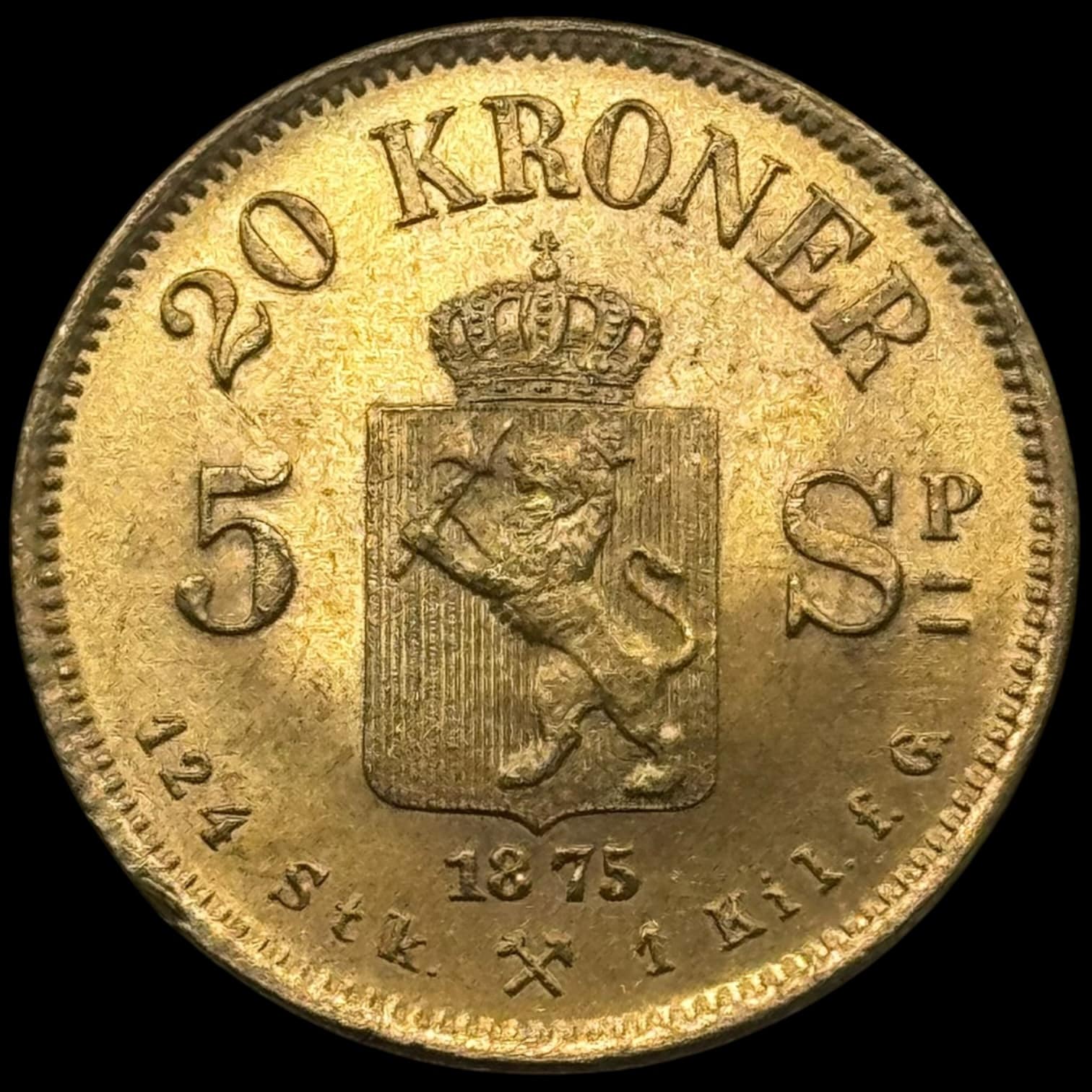 Norge, 5 Sp.daler / 20 kroner 1875, Oscar II, Sieg 103, NM 2, Kva. 0-01 ks.