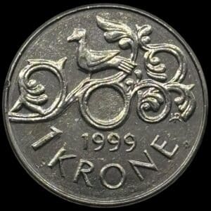 Norge, 1 kroner 1999, Harald V, Sieg 119, Kva. 01, "Fejlpræg" uden hul.