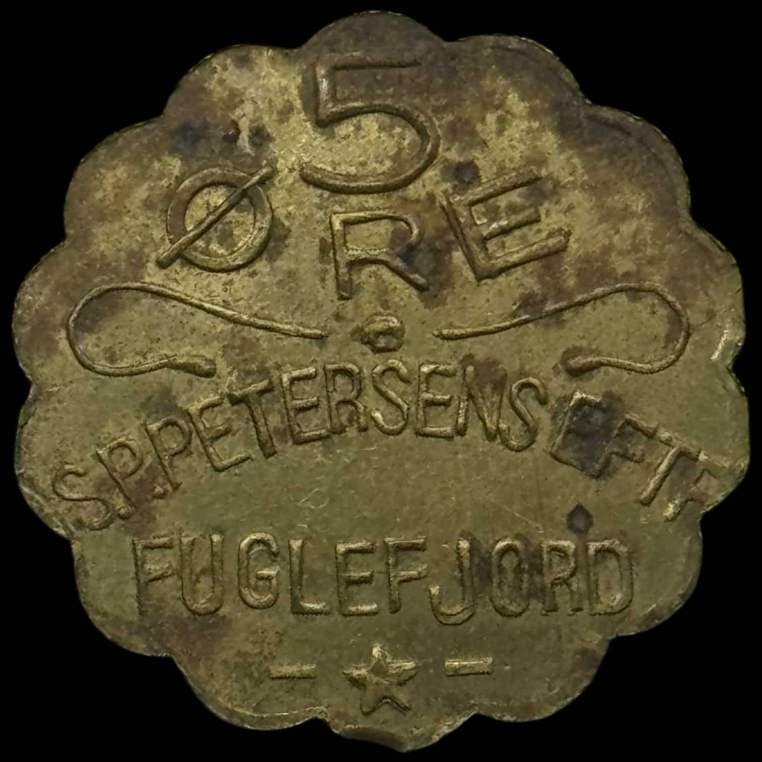 Færøerne, 5 øre S.P. Petersen / Fuglefjord, stor skrift, Sieg 3.1, Kva. 1+-01 "Pletter"