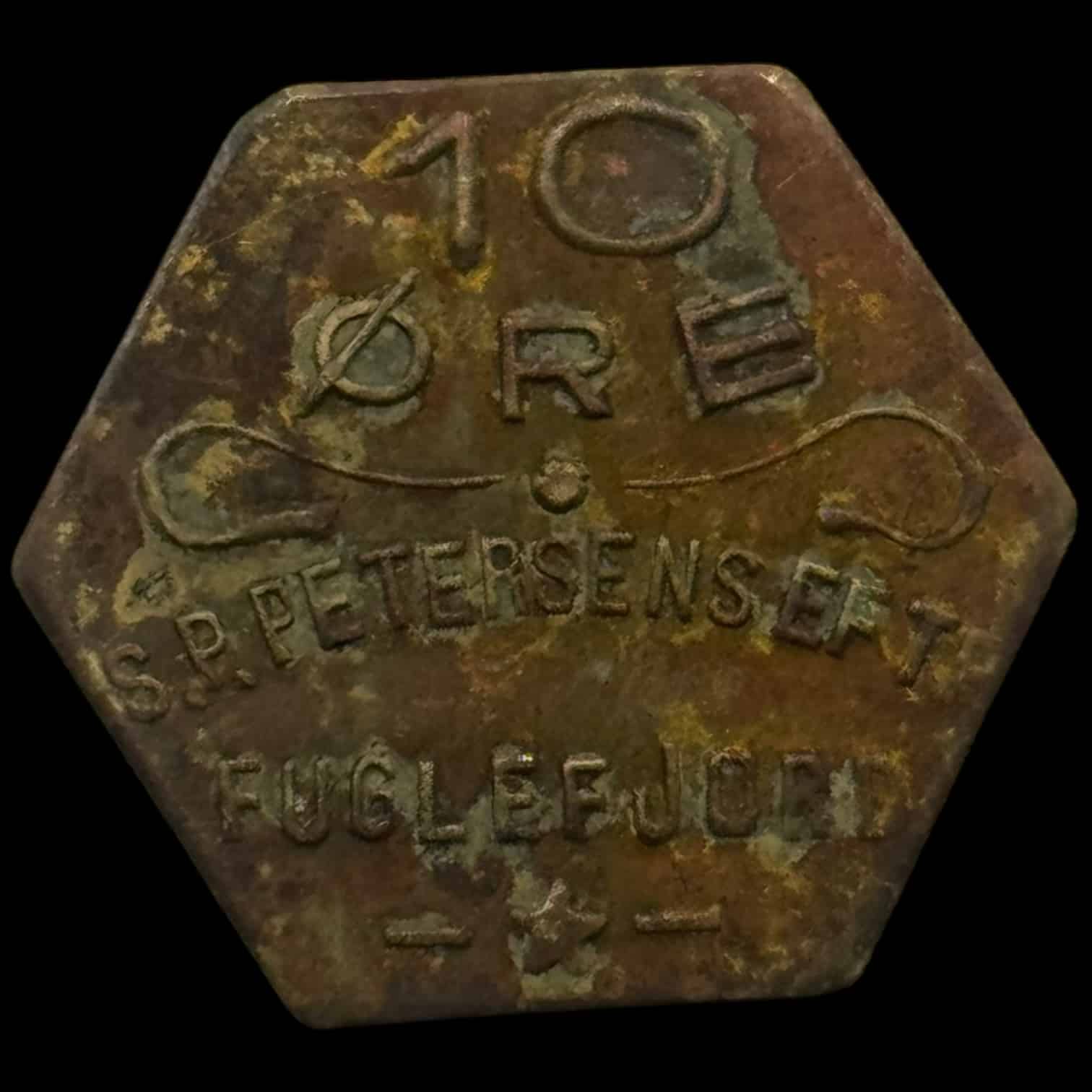 Færøerne, 10 øre S.P. Petersen / Fuglefjord, lille skrift, Sieg 3.4, Kva. 1+ "pletter"