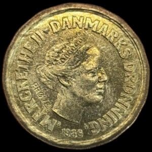 Prøvemønt, 20 krone 1986, GP 37d 16×3 riller indad, præget i 198 stk "Modelfoto"