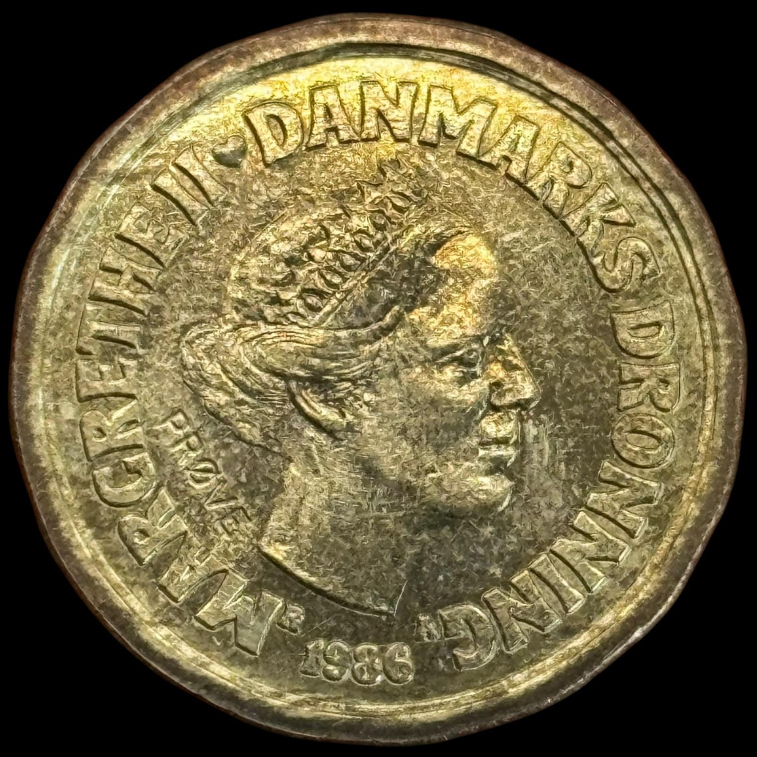 Prøvemønt, 20 krone 1986, GP 37d 16×3 riller indad, præget i 198 stk "Modelfoto"