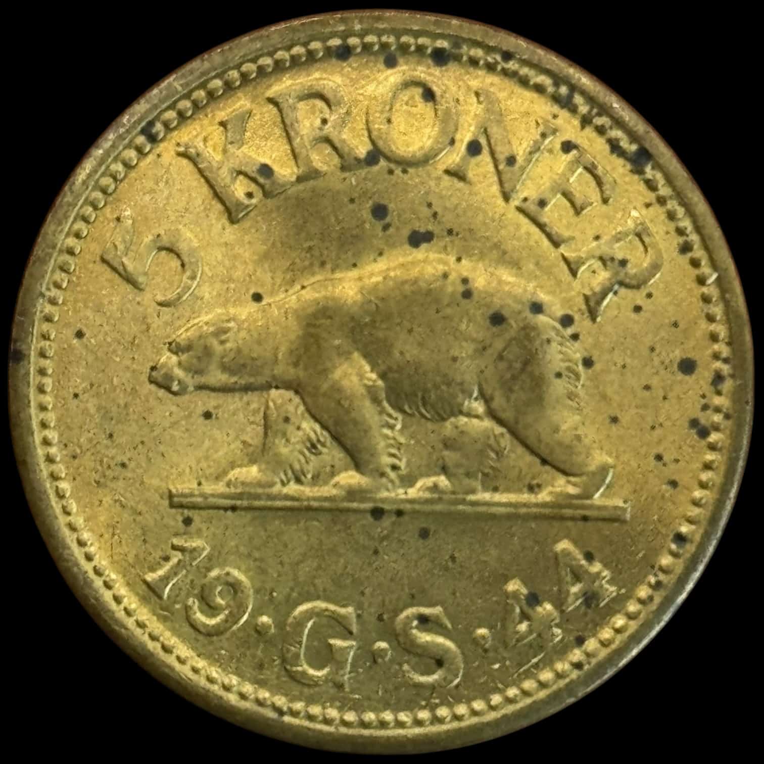 Grønland, 5 kroner 1944, Sieg 5, Hede 4, Kva. 0-01 pletter