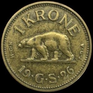 Grønland, 1 krone 1926, “dobbelt krone og hjerte”, Sieg 4.3, Hede 1, Kva. 1+