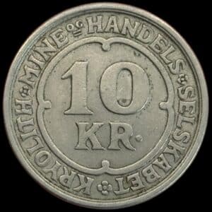 Grønland, 10 kroner 1922, Kryolith, Mine- og Handels Selskabet, Sieg 4.5, Kva. 1+ "varianten med snebold under isbjørns pote" ks.