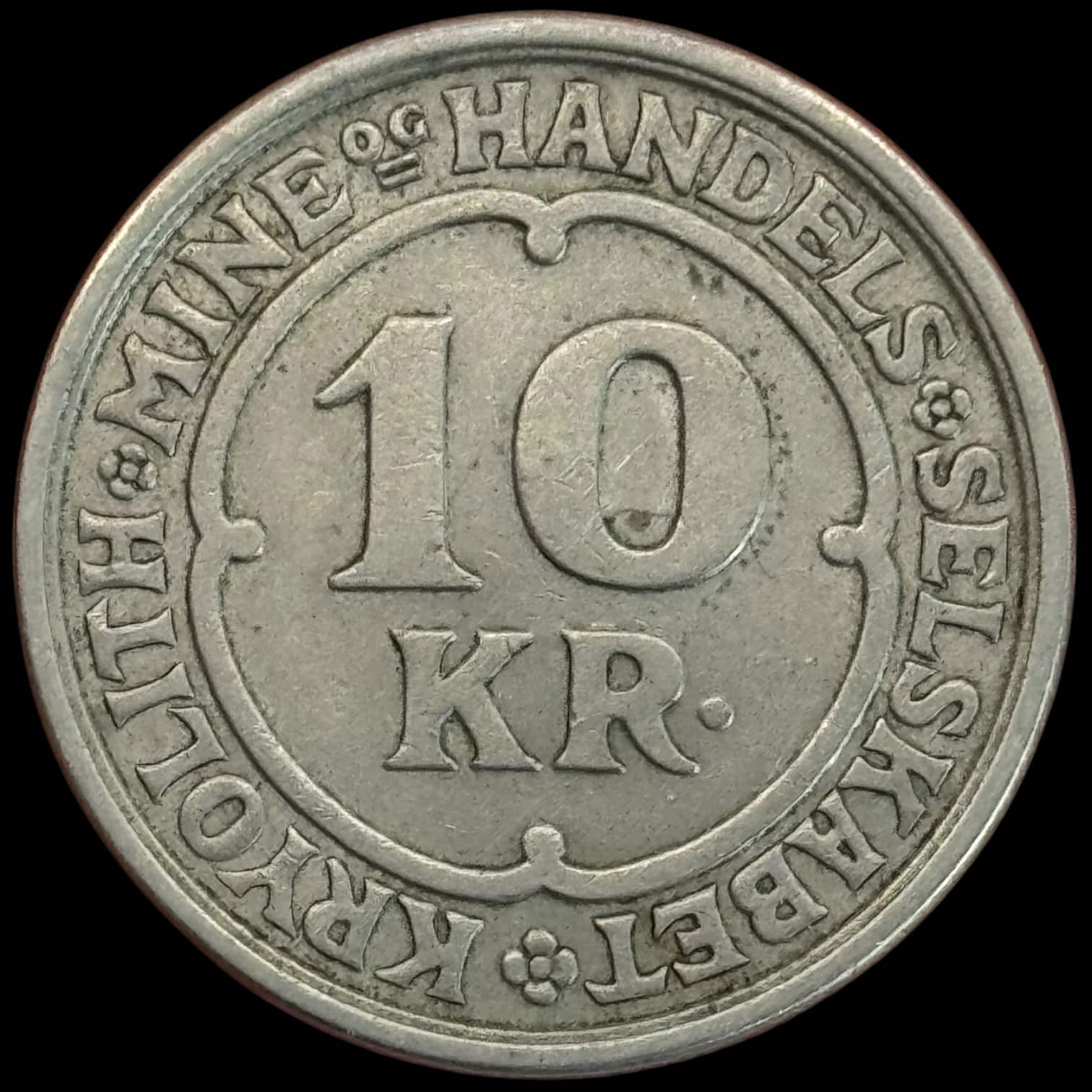 Grønland, 10 kroner 1922, Kryolith, Mine- og Handels Selskabet, Sieg 4.5, Kva. 1+ "varianten med snebold under isbjørns pote" ks.