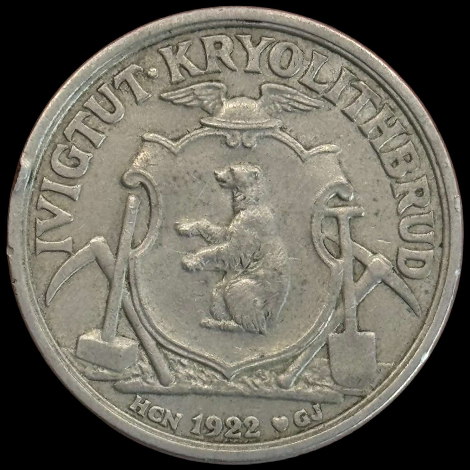 Grønland, 10 kroner 1922, Kryolith, Mine- og Handels Selskabet, Sieg 4.5, Kva. 1+ "varianten med snebold under isbjørns pote" ks. - Image 2