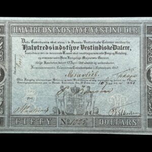 Dansk Vestindien, 50 Vestindiske daler 1849, med 6 underskrifter, Sieg 18, Pick 5, nr. 1025, Kva. 01