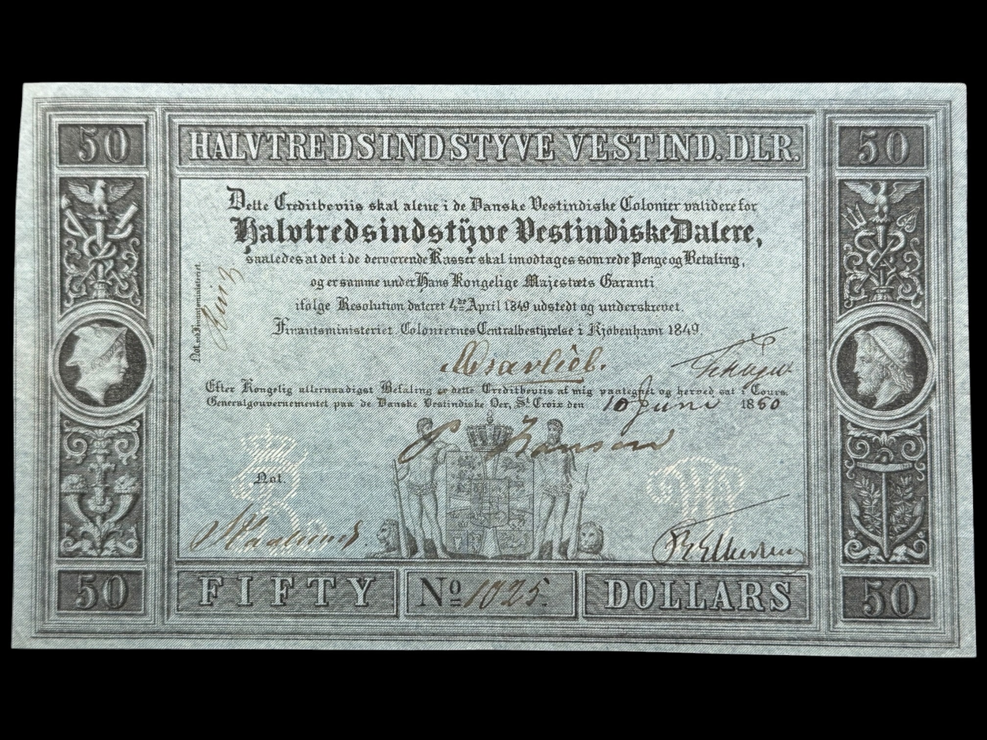 Dansk Vestindien, 50 Vestindiske daler 1849, med 6 underskrifter, Sieg 18, Pick 5, nr. 1025, Kva. 01