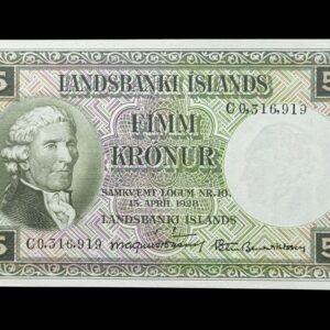 Island, 5 kronur 1948 C, Nr. C0316919, Sieg 34, Pick 32, Kva. 0