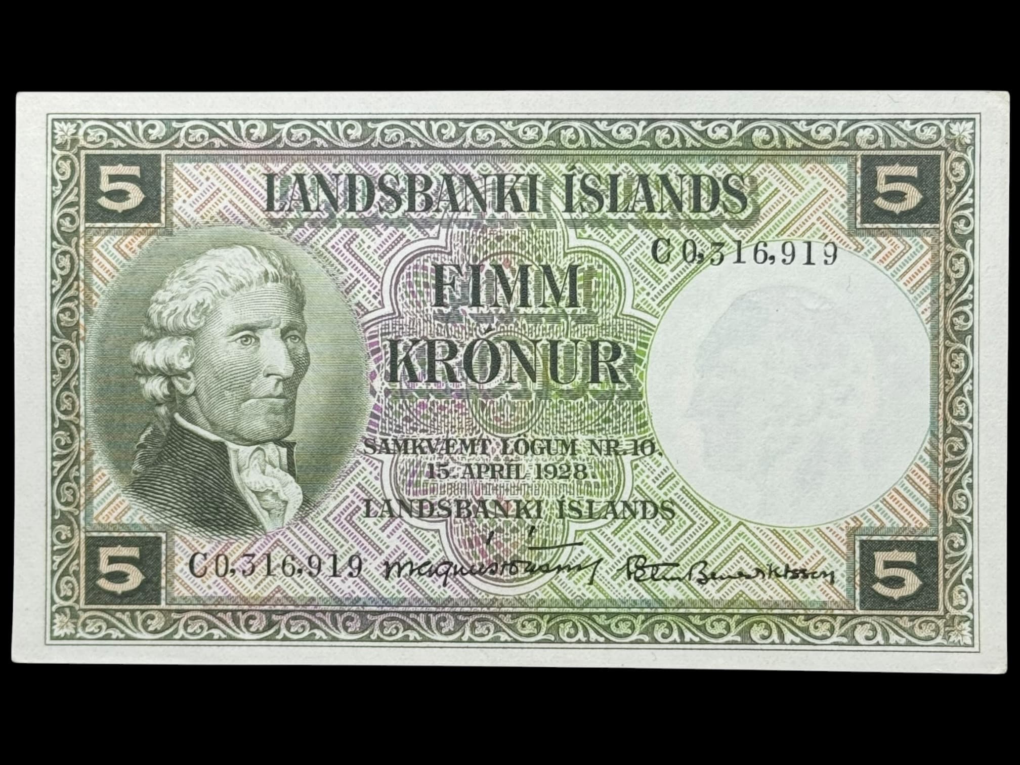 Island, 5 kronur 1948 C, Nr. C0316919, Sieg 34, Pick 32, Kva. 0
