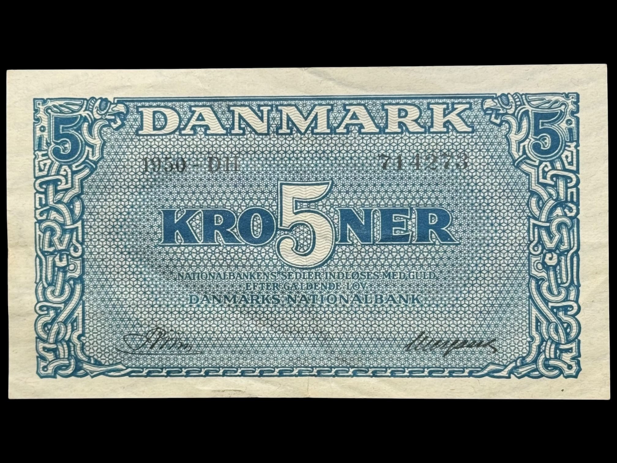 5 kroner 1950 DH, Riim/Neergaard, Nr. 714273, Sieg 119, DOP 128b, Pick 35b, Kva. 1+ “Ukendt underskriftskombination ifølge Sieg”