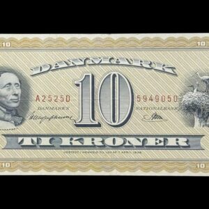 10 kroner 1952 A2, Riim/Haugen Johansen, Nr. 5949050, Sieg 130, DOP 139, Pick 43, Kva. 1-1+