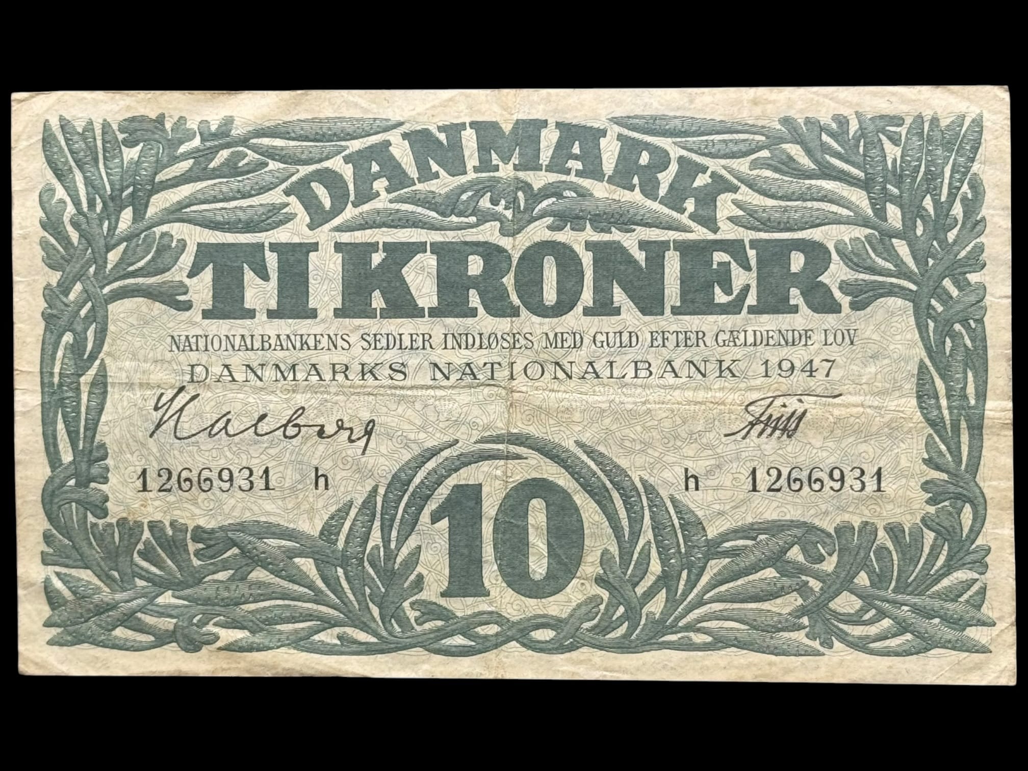 10 kroner 1947 h, Halberg/Friis, Nr. 1266931, Sieg 122, DOP 131, Pick 37, Kva. 1