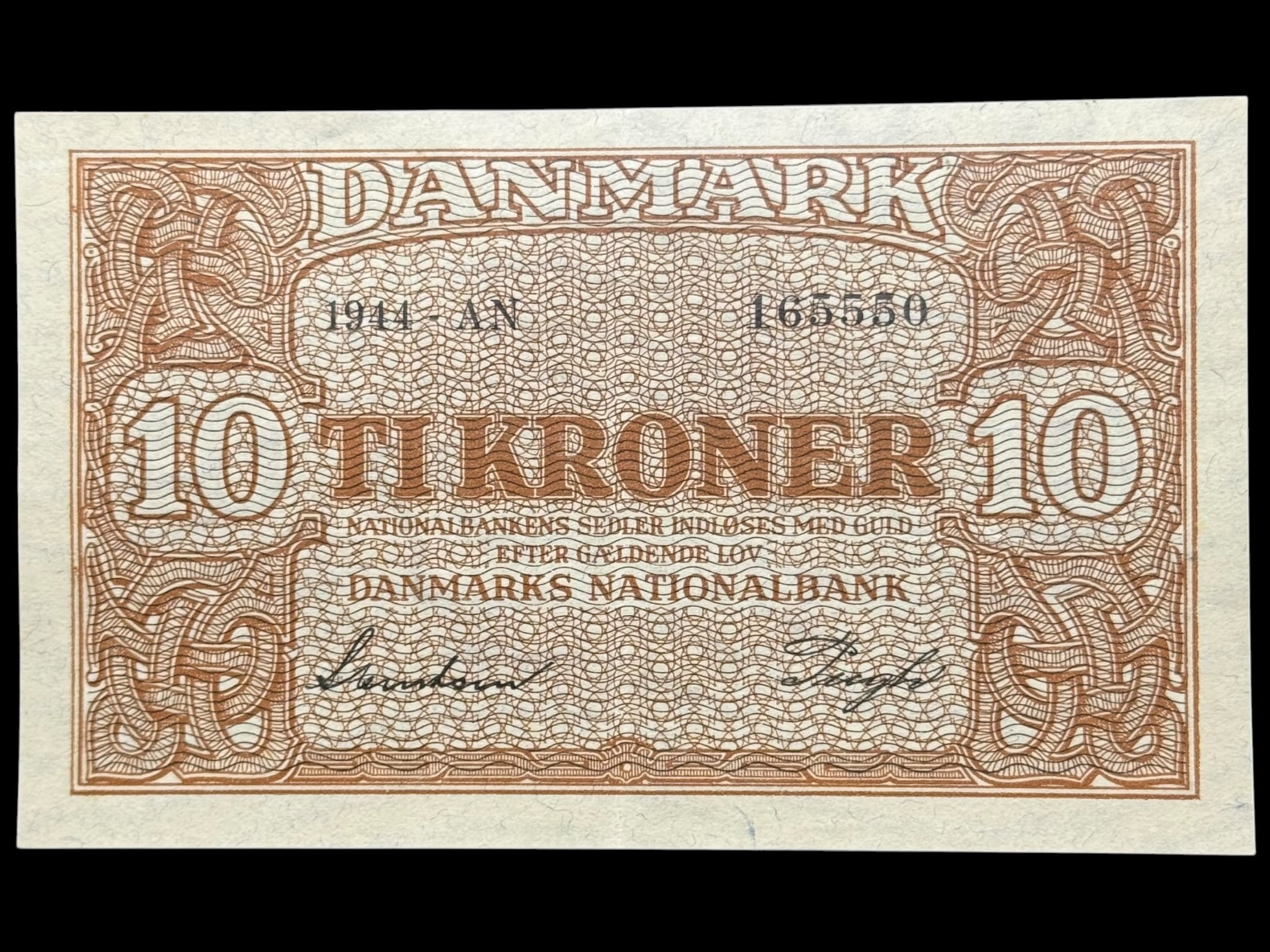 10 kroner 1944 AN, Svendsen/Pugh, Nr. 165550, Sieg 120, DOP 129, Pick 36, Kva. 01