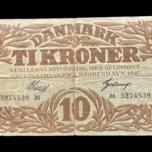10 kroner 1927 M, V.Lange/Gellerup, Nr. 5274539, Sieg 103, DOP 114, Pick 21, Kva. 1-