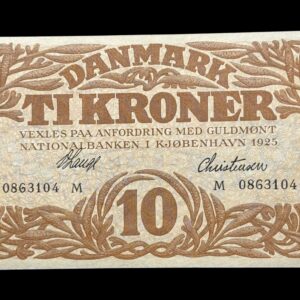 10 kroner 1925 M, V.Lange/Christiensen, Nr. 0863104, Sieg 103, DOP 114, Pick 21, Kva. 0 "Pragt eksemplar"