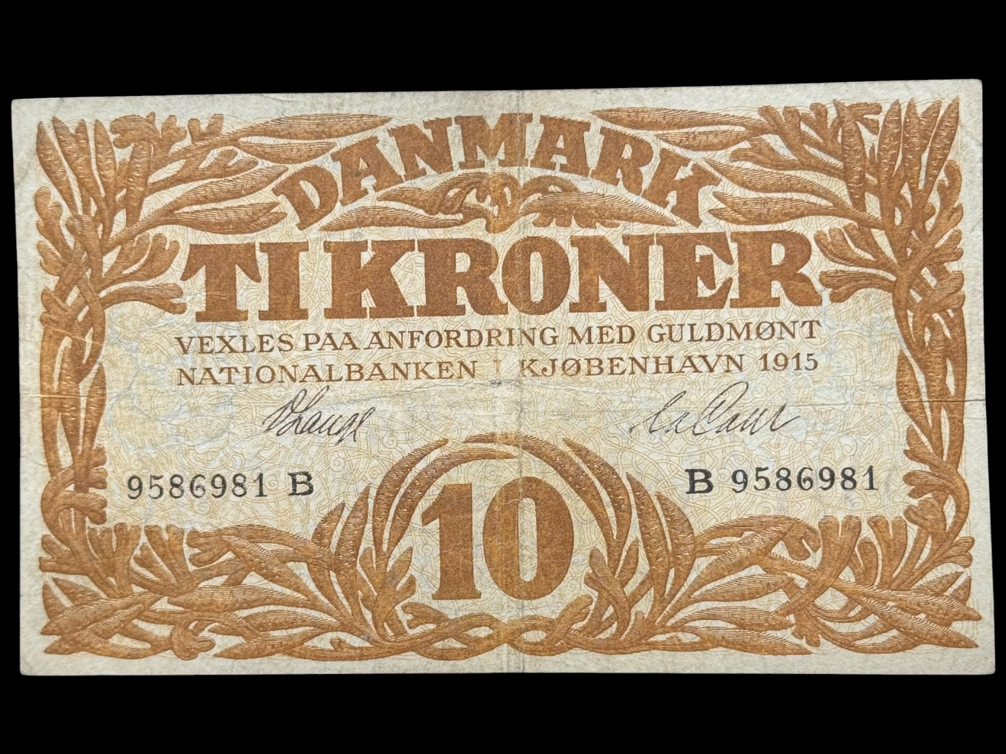 10 kroner 1915 B, V.Lange/la Cour, Nr. 9586981, Sieg 103, DOP 114, Pick 21, Kva. 1-1-