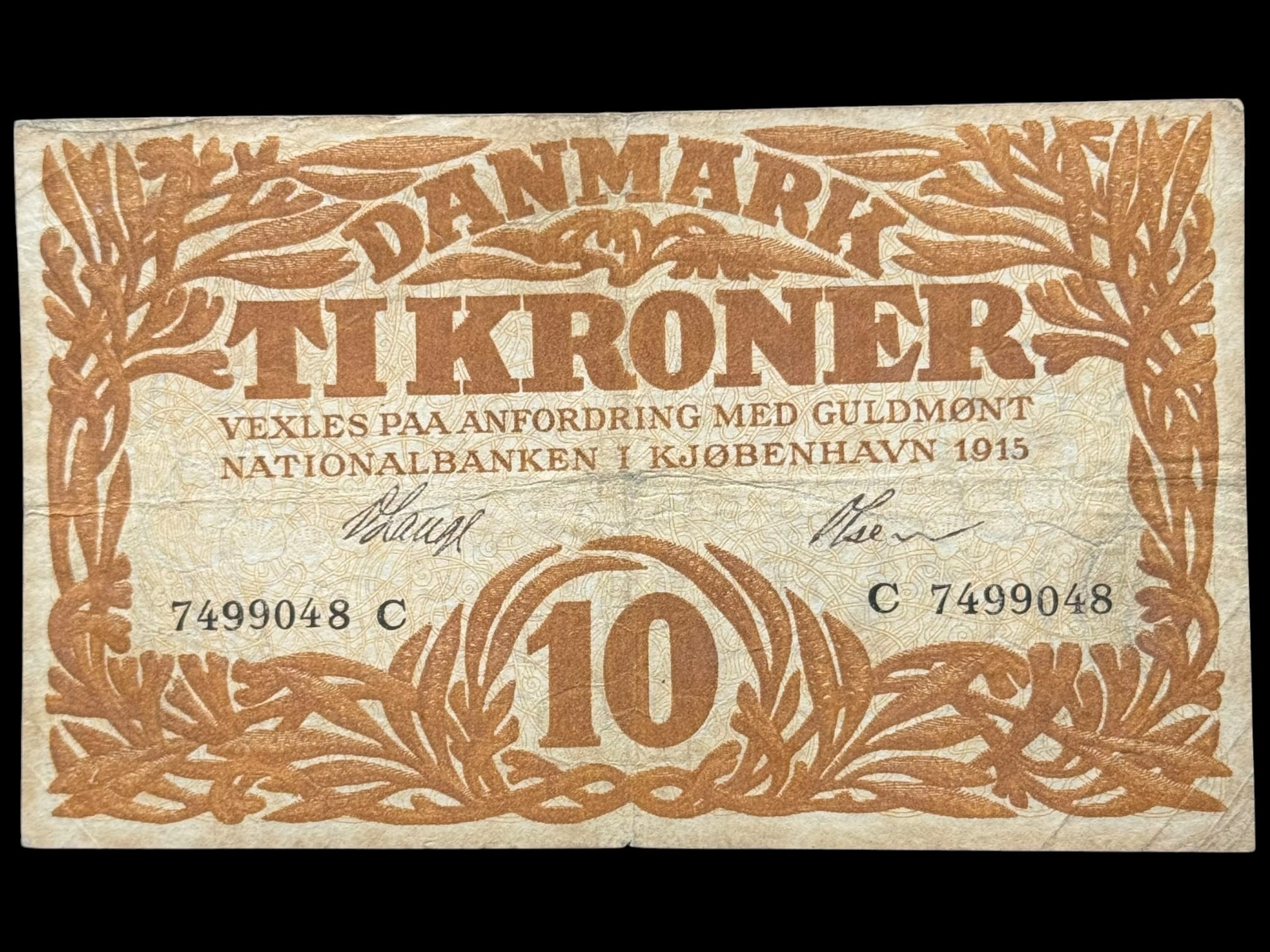 10 kroner 1915 C, V.Lange/Olsen, Nr. 7499048, Sieg 103, DOP 114, Pick 21, Kva. 1-1-