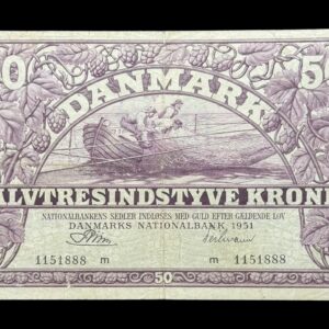50 kroner 1951 m, Riim/Teilmann, Nr. 1151888, Sieg 124, DOP 133, Pick 38, Kva. 1