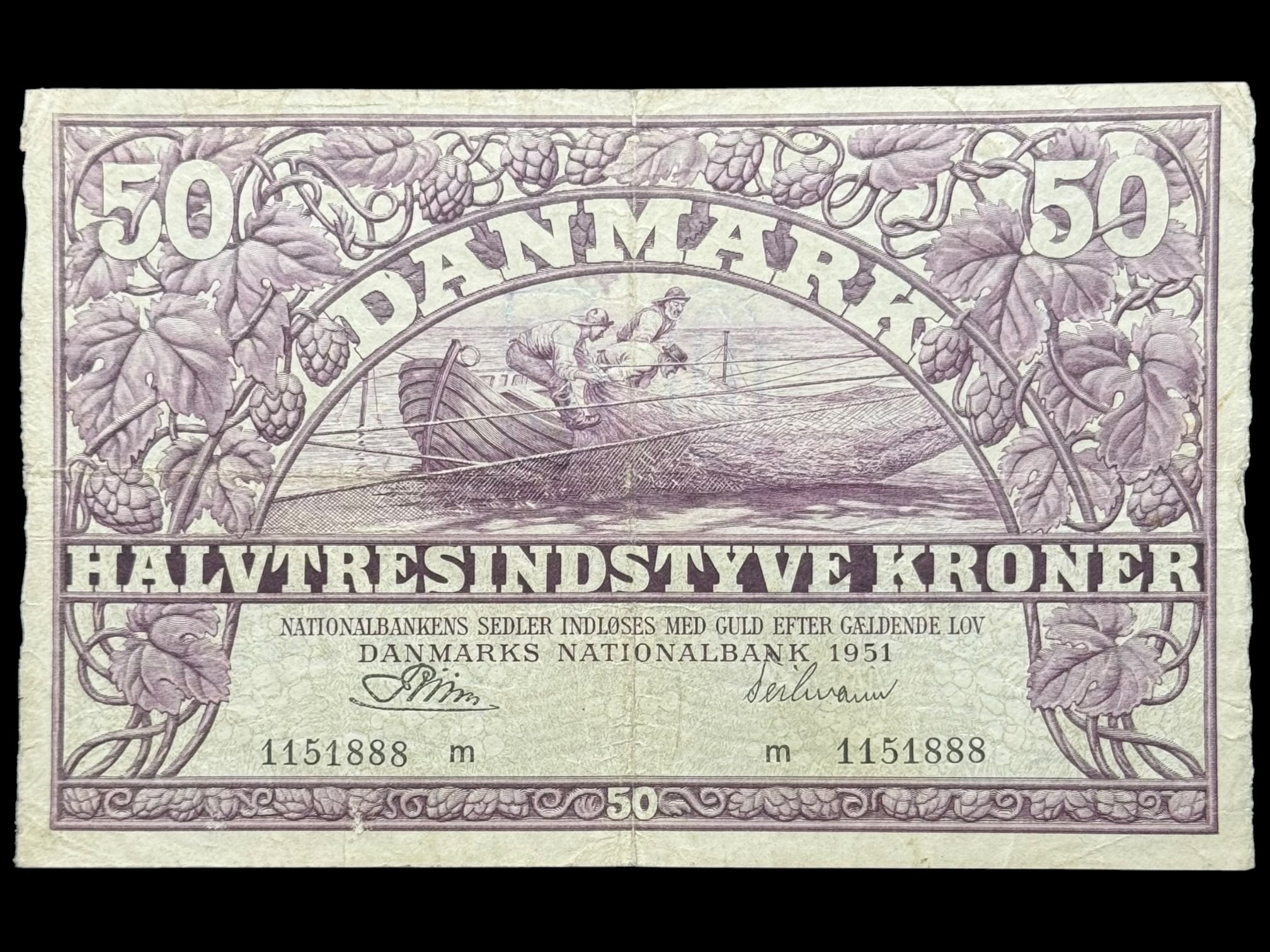 50 kroner 1951 m, Riim/Teilmann, Nr. 1151888, Sieg 124, DOP 133, Pick 38, Kva. 1