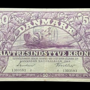 50 kroner 1944 f, Svendsen/Vinther, Nr. 1303593, Sieg 123, DOP 132, Pick 38, Kva. 1-1+