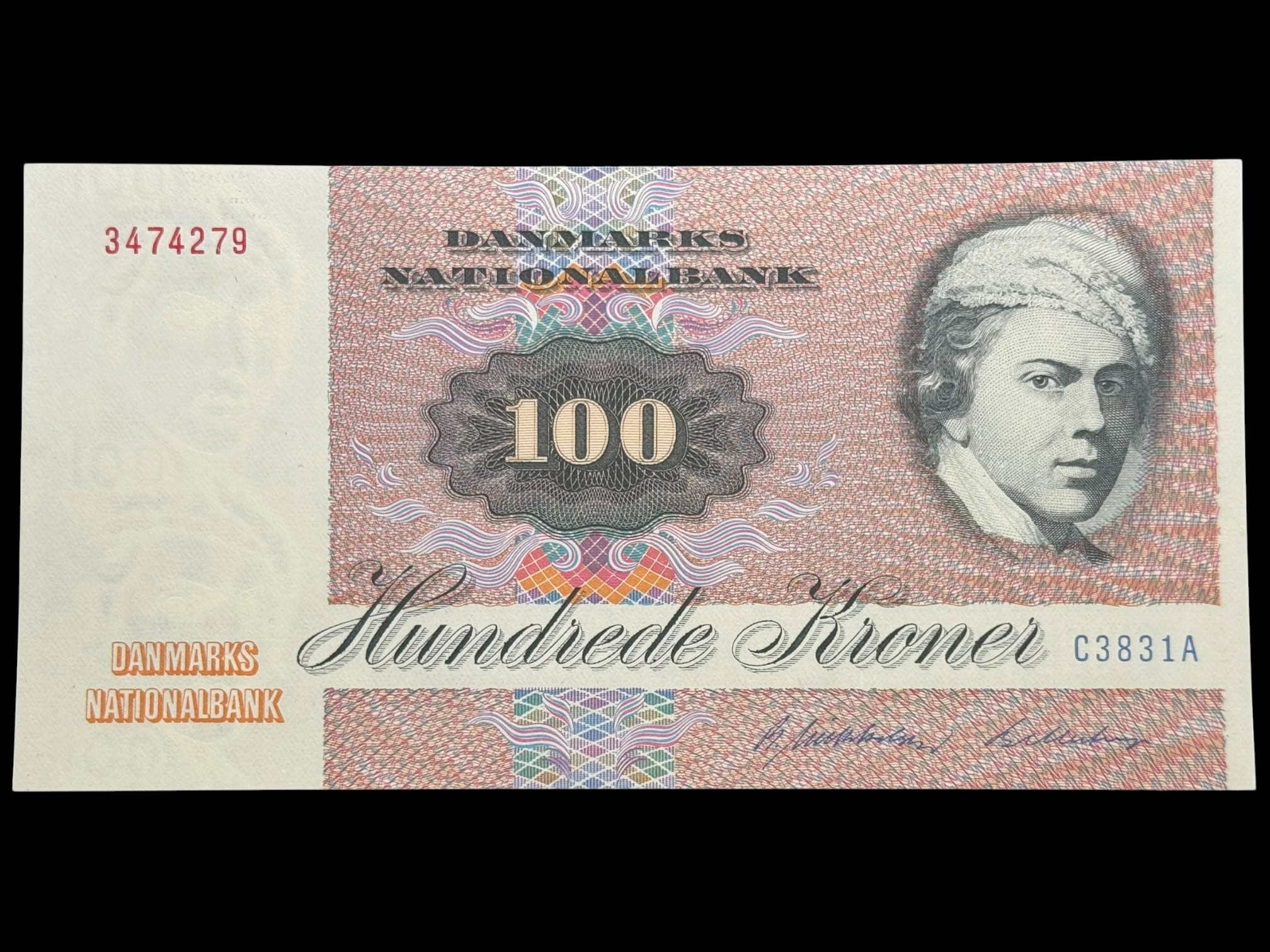 100 kroner 1983 C3, Billestrup/R. Mikkelsen, Nr. 3474279, Sieg 142, DOP 151, Pick 51, Kva. 0