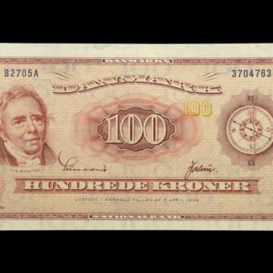 100 kroner 1970 B2, Valuer/Sunesen, Nr. 3704763, Sieg 137, DOP 146, Pick 46, Kva. 0-01 "Tællefold"