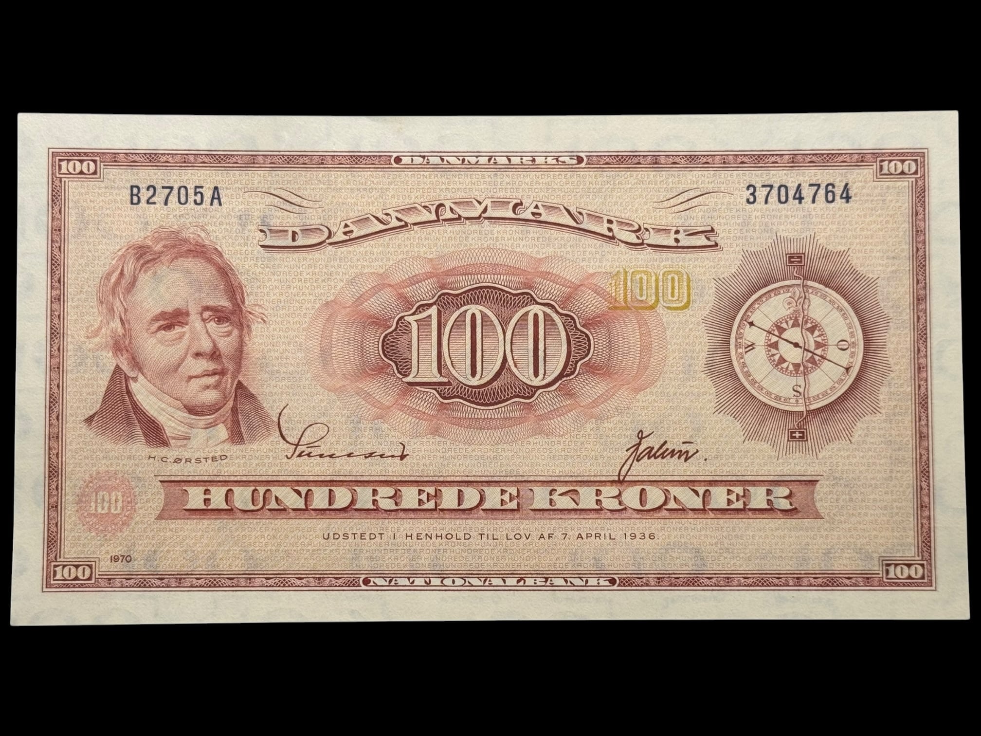 100 kroner 1970 B2, Valuer/Sunesen, Nr. 3704764, Sieg 137, DOP 146, Pick 46, Kva. 0-01 "Tællefold"